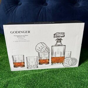 Godinger Diamond Seven Piece Whiskey Set, Decanter & Old-Fashioned Glasses NEW